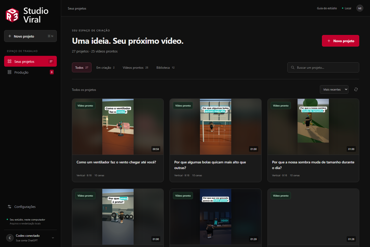 Biblioteca real do estúdio R3D com projetos de vídeos